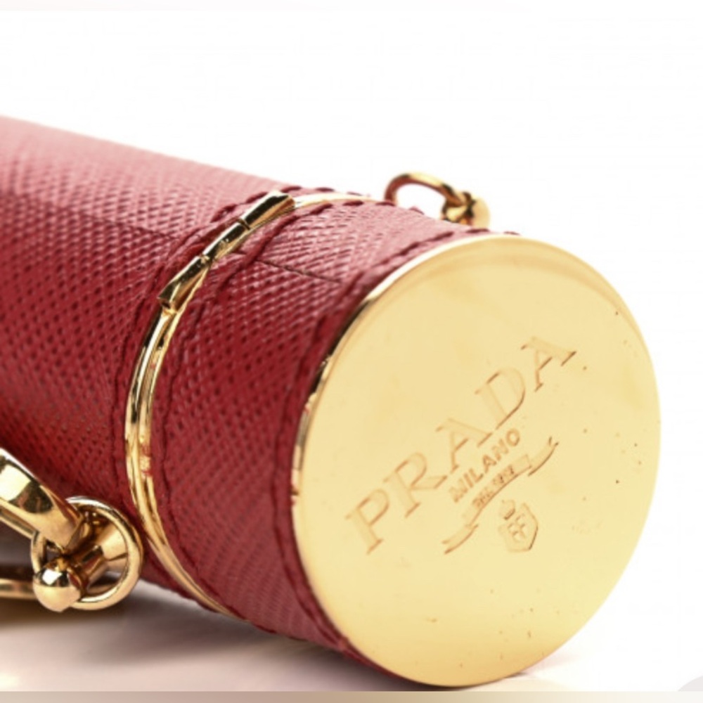 •New with Tags •Prada Saffiano •Logo Plaque Lipstick Case Fuoco •Authenticated